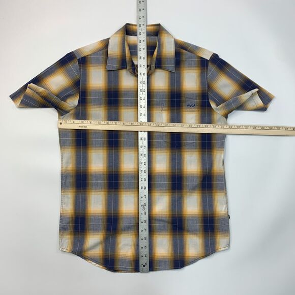 RVCA Shirt Mens S Small Yellow Blue Plaid Button Up Short Sleeve Drop Cut Pocket - Picture 5 of 12